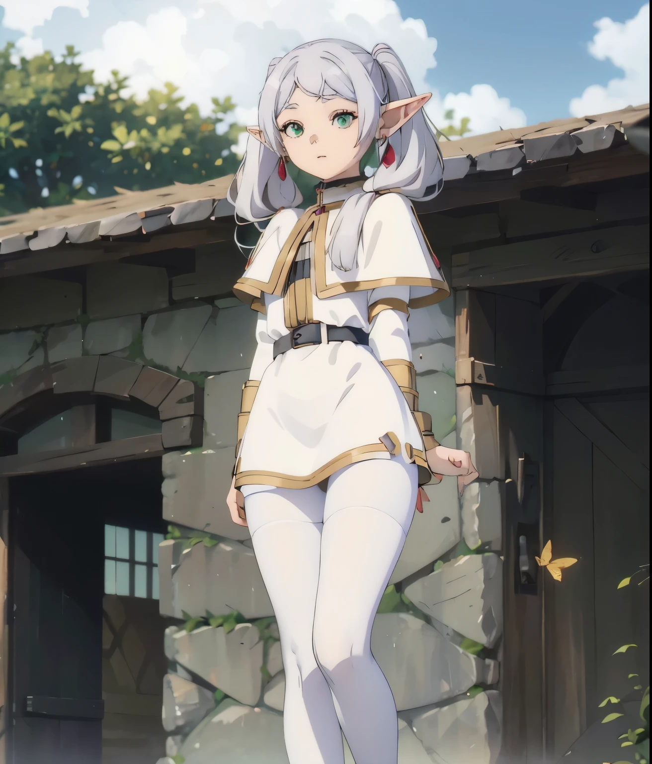 1girl, Frieren, (masterpiece:1.3), (high resolution), (extremely detailed),perfect face, nice eyes and face, (best quality), (super detailed), detailed face and eyes, (solo), textured skin, absurdres, highres, wz_sousou_no_frieren_style, wz_sousou_no_frieren_style, twintails, very long hair, silver hair, pointy ears, elf, white capelet, green eyes, black pantyhose, earrings, white skirt, belt, white sleeves, pov, selfie, butterfly, grass, stone street