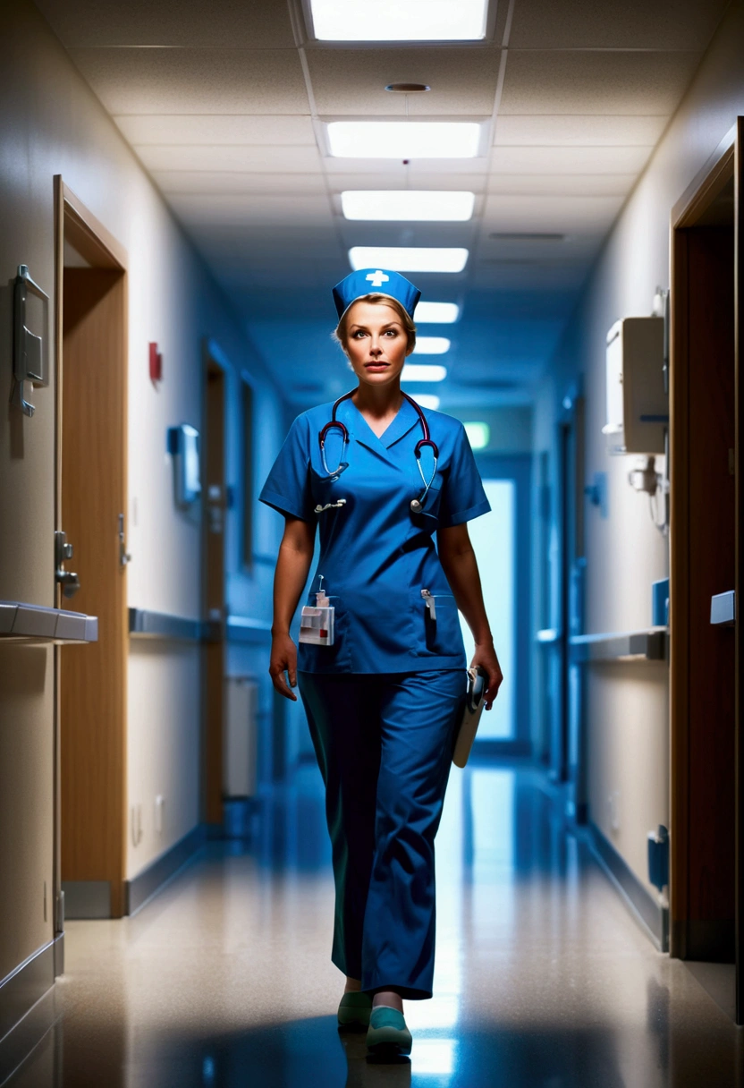 (nurse), stand in the ward with a warm smile and eyes full of care and encouragement. She seems to be a warm light for the patient. The background is the warm ward, full body, award-winning, cinematic still, emotional, vignette, dynamic, vivid, (masterpiece, best quality, photorealistic, Professional, perfect composition, very aesthetic, absurdres, ultra-detailed, intricate details:1.3)