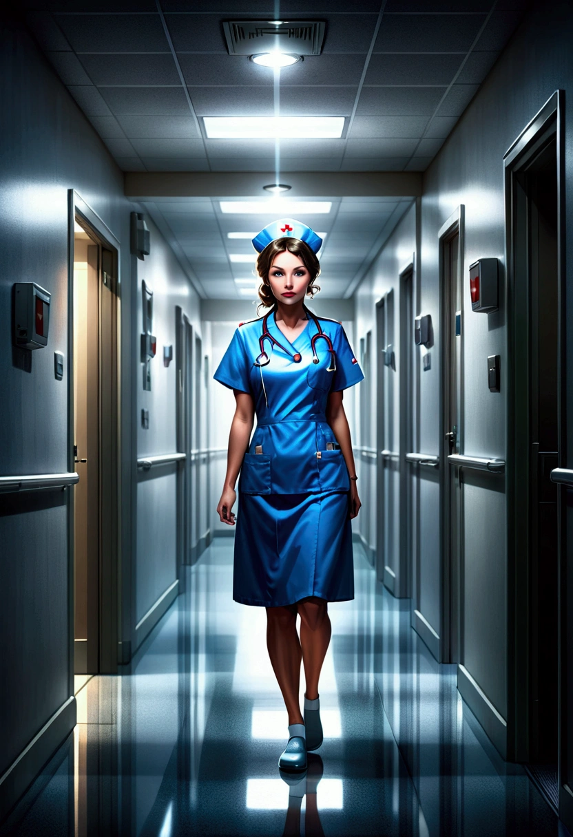 (nurse), stand in the ward with a warm smile and eyes full of care and encouragement. She seems to be a warm light for the patient. The background is the warm ward, full body, award-winning, cinematic still, emotional, vignette, dynamic, vivid, (masterpiece, best quality, photorealistic, Professional, perfect composition, very aesthetic, absurdres, ultra-detailed, intricate details:1.3)