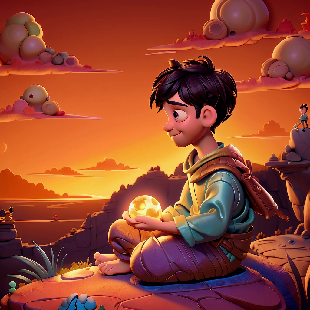 there is a boy sitting on a rock with a glowing ball, cyril rolando and goro fujita, inspired by Jakub Schikaneder, inspired by Goro Fujita, inspirado em Cirilo Rolando, by justin gerard, colorful illustration, light on the boy, single boy concept art, a beautiful art illustration, sunset illustration