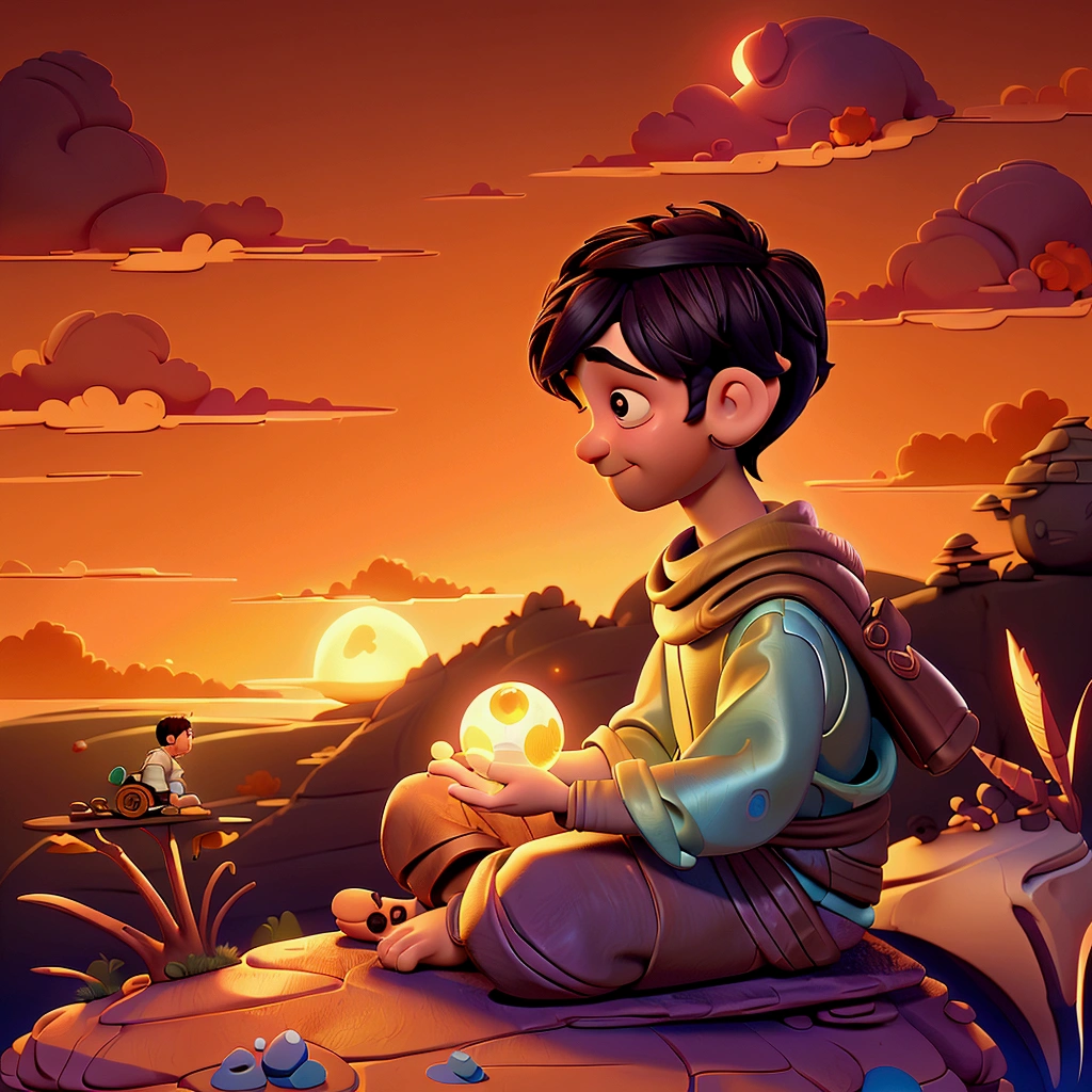 there is a boy sitting on a rock with a glowing ball, cyril rolando and goro fujita, inspired by Jakub Schikaneder, inspired by Goro Fujita, inspirado em Cirilo Rolando, by justin gerard, colorful illustration, light on the boy, single boy concept art, a beautiful art illustration, sunset illustration