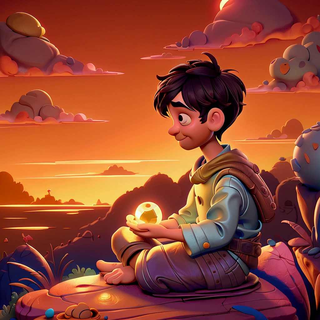 there is a boy sitting on a rock with a glowing ball, cyril rolando and goro fujita, inspired by Jakub Schikaneder, inspired by Goro Fujita, inspirado em Cirilo Rolando, by justin gerard, colorful illustration, light on the boy, single boy concept art, a beautiful art illustration, sunset illustration