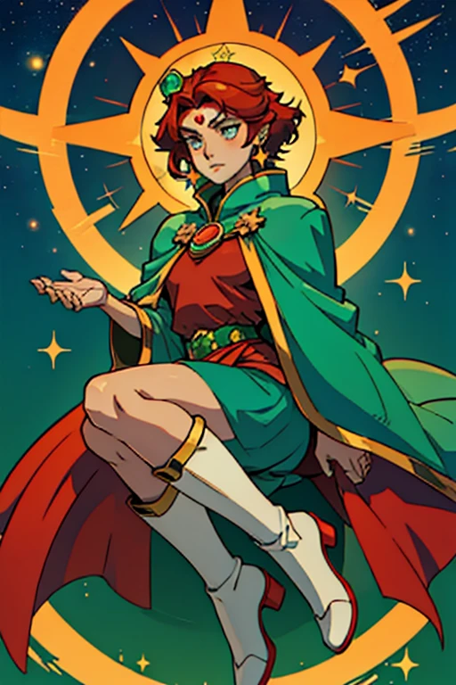 woman celestial cosmic powers to control stars and sun star symbols red hair and green and red gold clothes with boots and slippers, shiny star earring, a green jade stone on the forehead to control stars and sun, symbols of stars and veils that will come like this