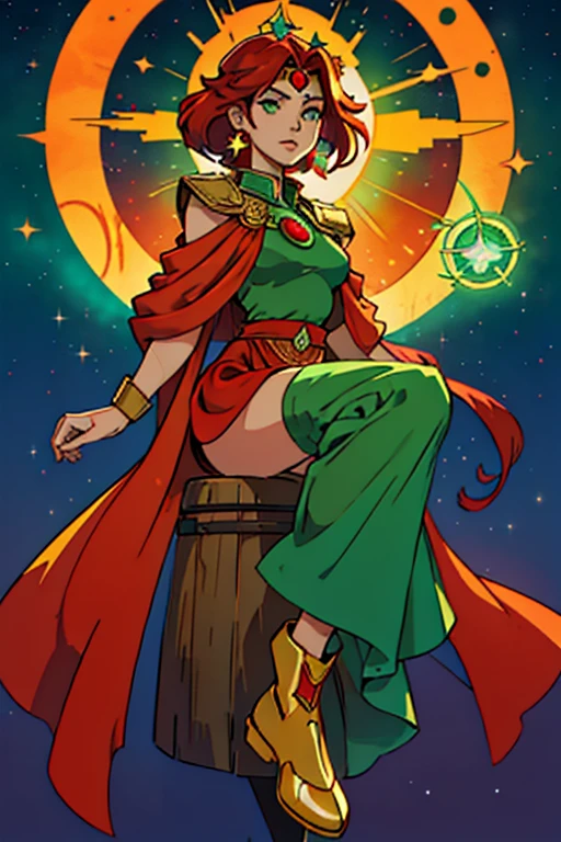 woman celestial cosmic powers to control stars and sun star symbols red hair and green and red gold clothes with boots and slippers, shiny star earring, a green jade stone on the forehead to control stars and sun, symbols of stars and veils that will come like this