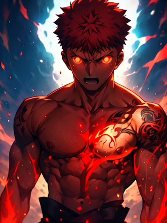 Emiya Shirou is showing his hand while his tatoo glow red. muscular,red aura, male focus, rage