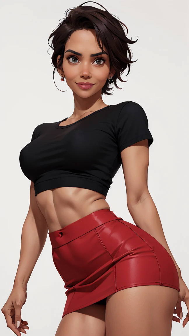 (cartoon style:1.2), Drawings of ([Halle Berry]), portraite, wearing black tee, tight skirt, ssmile, perfects eyes, face detailed, White background, fun pose, seducing gaze, centred, scale to adjust dimensions