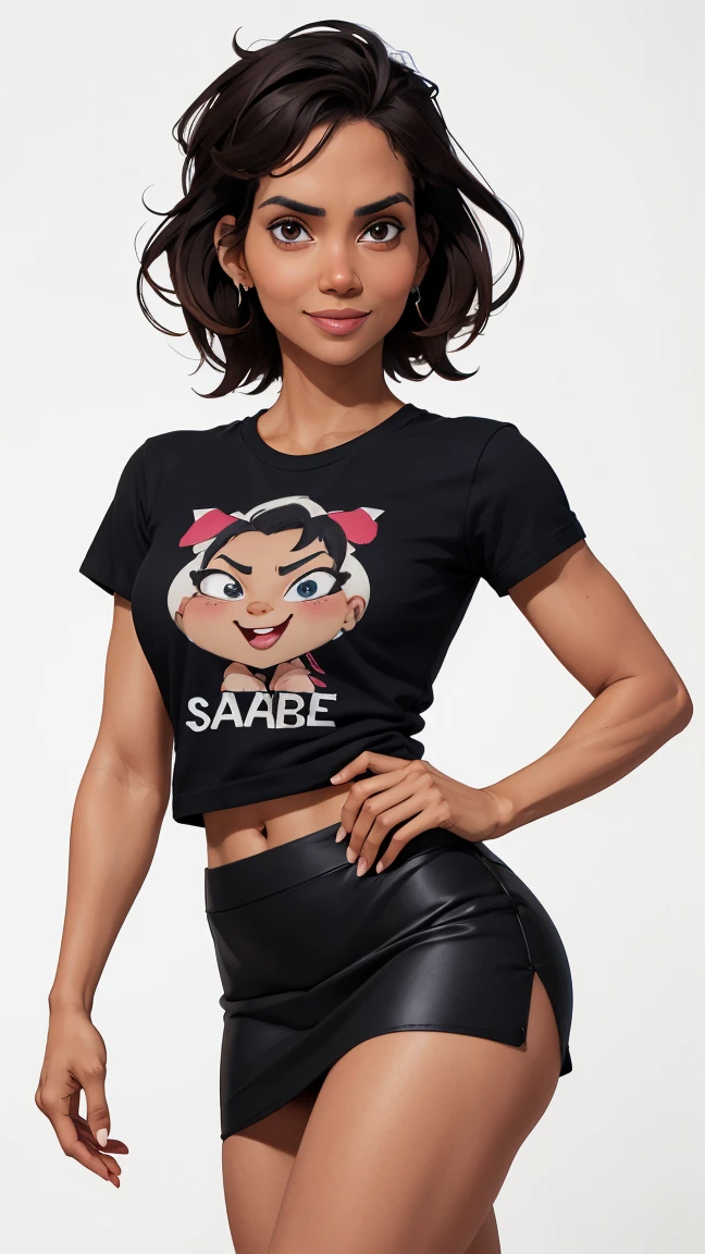 (cartoon style:1.2), Drawings of ([Halle Berry]), portraite, wearing black tee, tight skirt, ssmile, perfects eyes, face detailed, White background, fun pose, seducing gaze, centred, scale to adjust dimensions