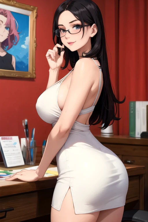 masterpiece, best quality, ultra detailed, dynamic angle, looking at viewer, watercolor and oil painting fusion, hot black artwork, white line art, beautiful woman, 1 woman, older woman, beauty, perfect anatomy, perfect eyes, perfect fingers, perfect hands, anime girl, secretary, sexy short dress, glasses, tight, ass, breast, thighs, black hair, siren black eyes, seductive smile, office background, soft, seductive, hot, spicy,