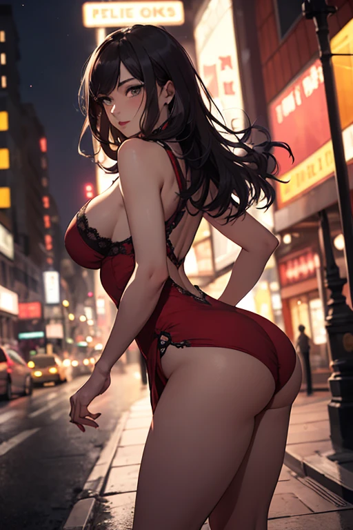 masterpiece, best quality, shadows, dynamic angle, front view, perfect hands, perfect legs, perfect anatomy, pretty face, mature features, 1 girl, 21 years old, mature woman, sexy red dress, city night background, white long hair, thighs, ass, breast, seductive, spicy, posing, cinematography lights,