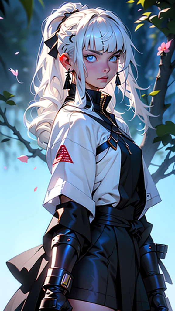 score_9, score_8_up, score_7_up, i want the whole image to be created in 3D anime style, 1girl, solo, long hair, looking at viewer, bangs, blue eyes, simple background, hair ornament, ribbon, closed mouth, hair ribbon, ponytail, white hair, sidelocks, black gloves, blunt bangs, armor, mole, from side, lips, looking to the side, petals, mole under eye, black background, portrait, tress ribbon, realistic, nose, kamisato ayaka