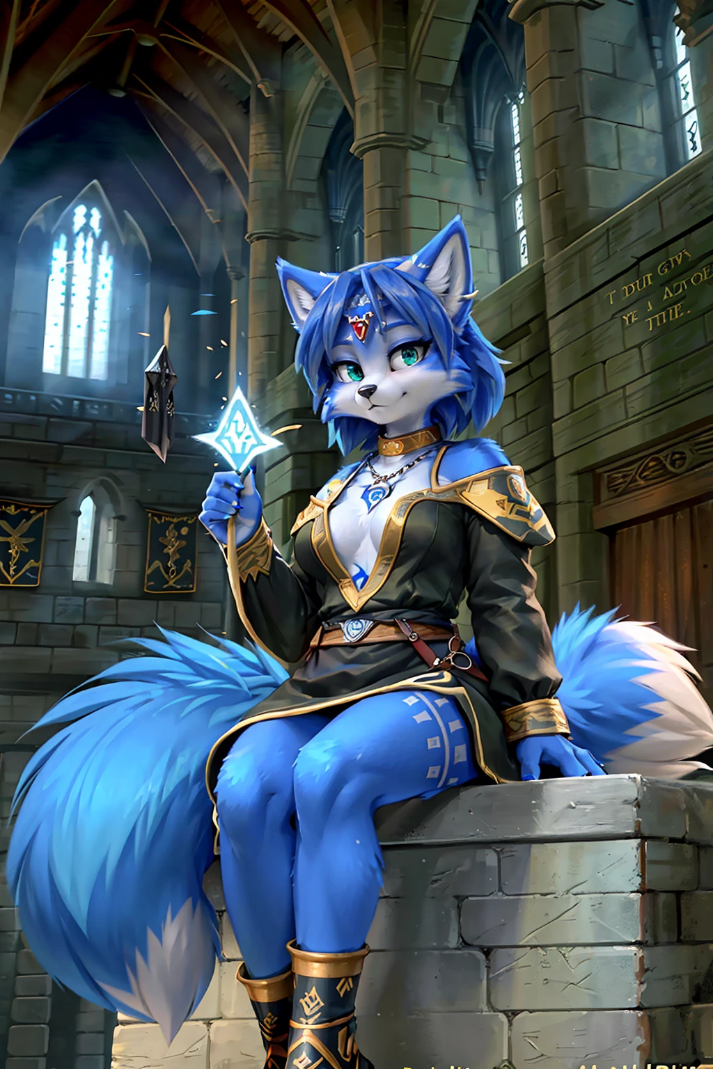 A beautiful and detailed (sweet picture) wa ((krystal)), Star Fox krystal,  green eyes, medium breasts, (((Long blue hair 1.3))),  anthro, furry, (wa Fluff-Kevlar, Bayard Wu, personalize me, Pino Daeni),  detailed fluffy fur, detailed face, (fluffy), 1 girl, alone, hair cover one eye:1.4, wears tribal clothing with leather armor, wears tribal top with leather armor, (((steht in der großen halle wa hogwarts auf einer bühne:1.4))), she wears a fanciful magician&#39;s robe, is in a magic duel against a dark magician