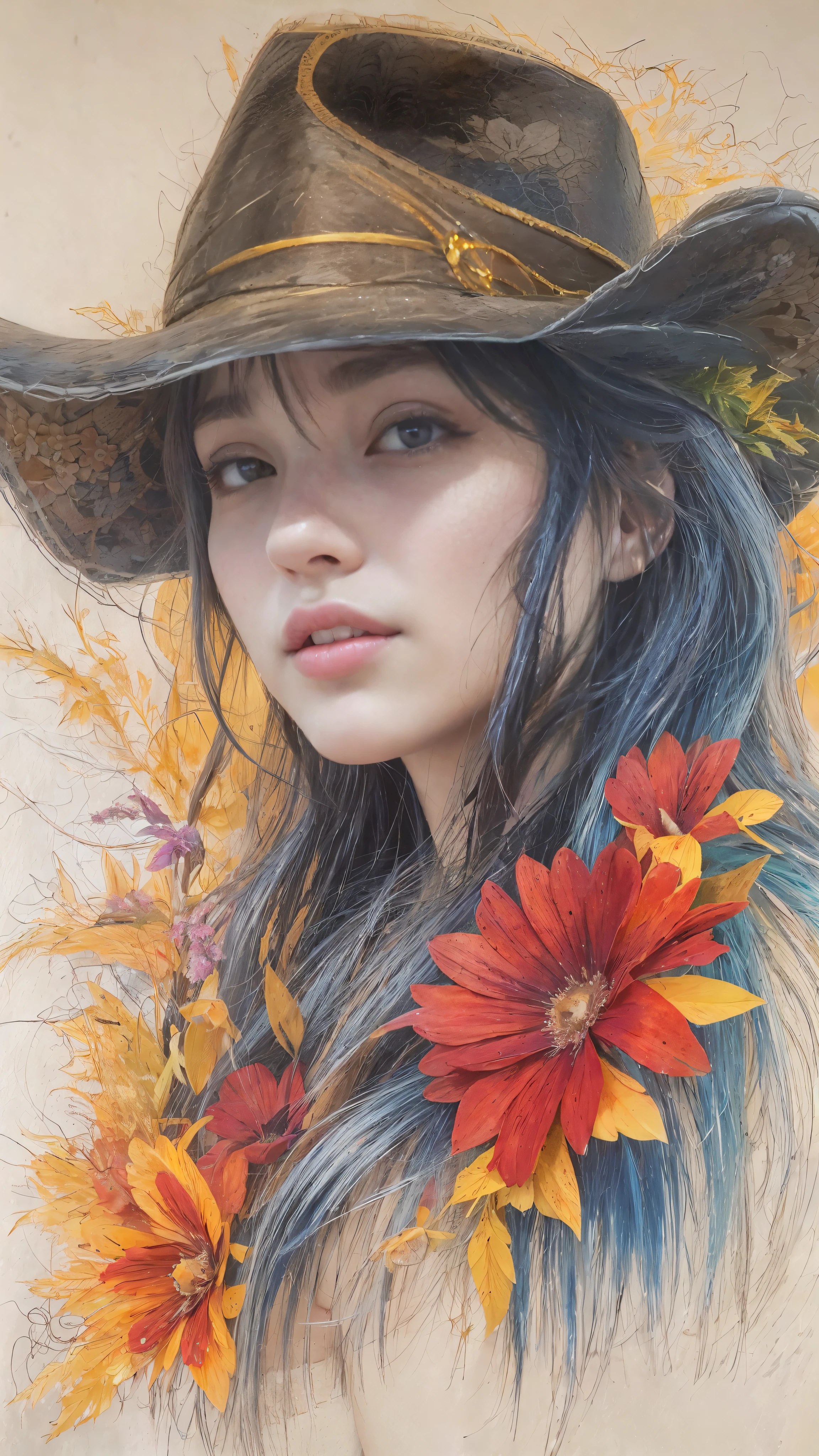 On a sketchbook page with subtle blue lines, a captivating and enigmatic woman gazes at the viewer with a gentle smile. Her long, dark hair cascades elegantly over her shoulders. She wears a black hat adorned with vibrant red, yellow, and purple flowers, creating a striking contrast against the white background of the paper. This artwork, a masterpiece of pencil painting, draws inspiration from the hyper-realistic and detailed style of Diego Koi, the renowned Italian artist. The composition emphasizes meticulous shading, intricate textures, and a harmonious blend of colors, bringing the subject to life with an impressive depth and realism., pov, cowboy shot, drop shadow