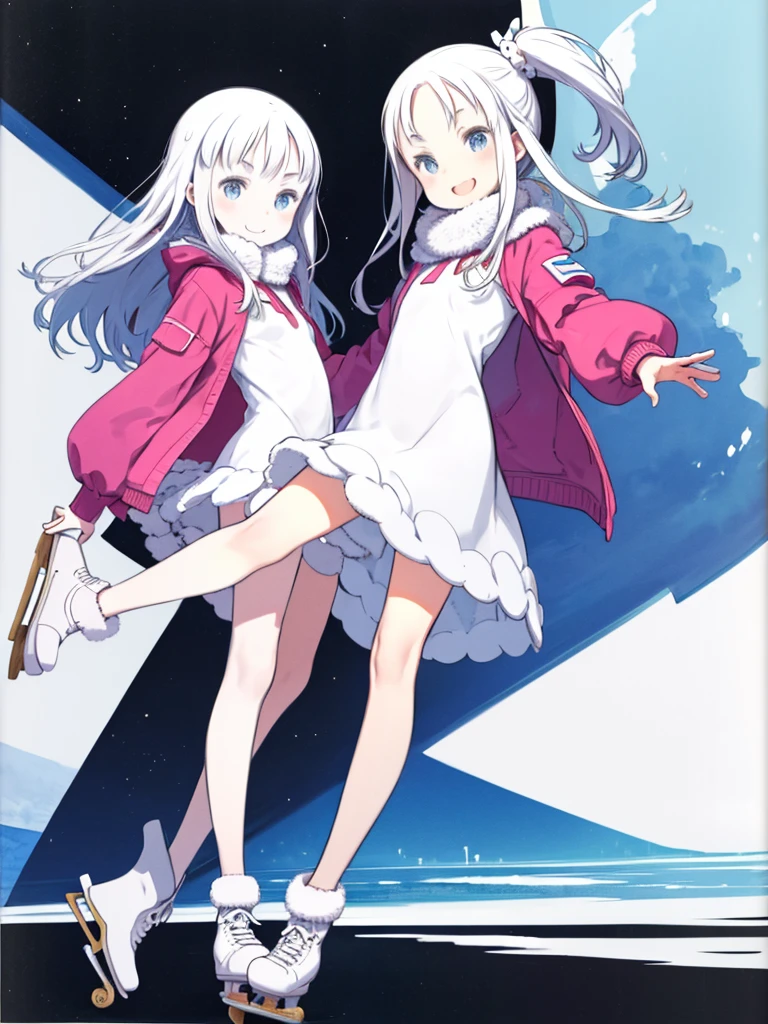 (Superflat, Flat Shading, Flat Color), (close), Mother and daughter, Down jacket, (White panties), Without skirt, Long Hair, ice skating, smile, smile, fun, play, winter, snow, bright, Wide-angle, Vibrant colors, watercolor, Ghibli style