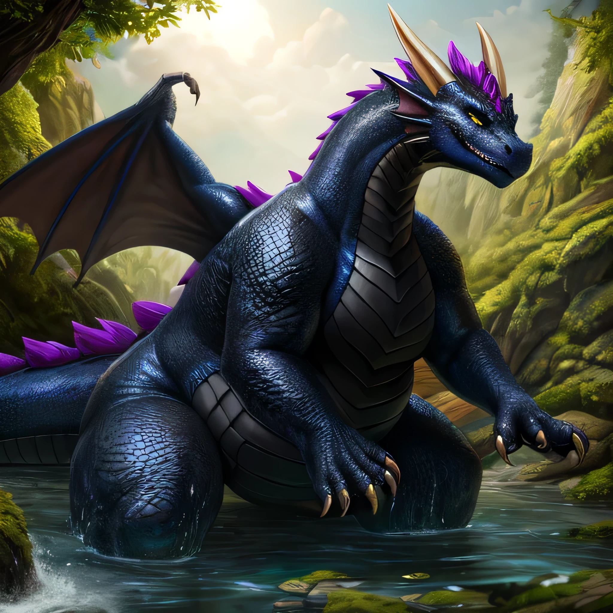 (high quality,4k,8k,highres,masterpiece:1.2),ultra-detailed,(realistic,photorealistic,photo-realistic:1.37),pixiv masterpiece,(intricate details), ((Feral Dragon)), moobs, nippleless moobs, fat, nsfw, chubby wet male feral Dragon with highly detailed black alligator scales, feral, stunningly sharp-focus, enormous belly, charming chubby body, curvy, wide hips, thicc thighs, enchanting black, impressive scales, powerful presence, mesmerizing beauty, sexy posture, well-defined claws, sinister-hearted, radiant aura, captivating artwork, artistically rendered, masterful strokes, attention to detail, tasteful composition, alluring charm, careful shading, great attention to anatomy, meticulous rendering, impeccable craftsmanship, vivid colors, perfect balance between realism and fantasy, wet, sweaty, big fluffy tail, thick tail, squish focus, Landscape shot