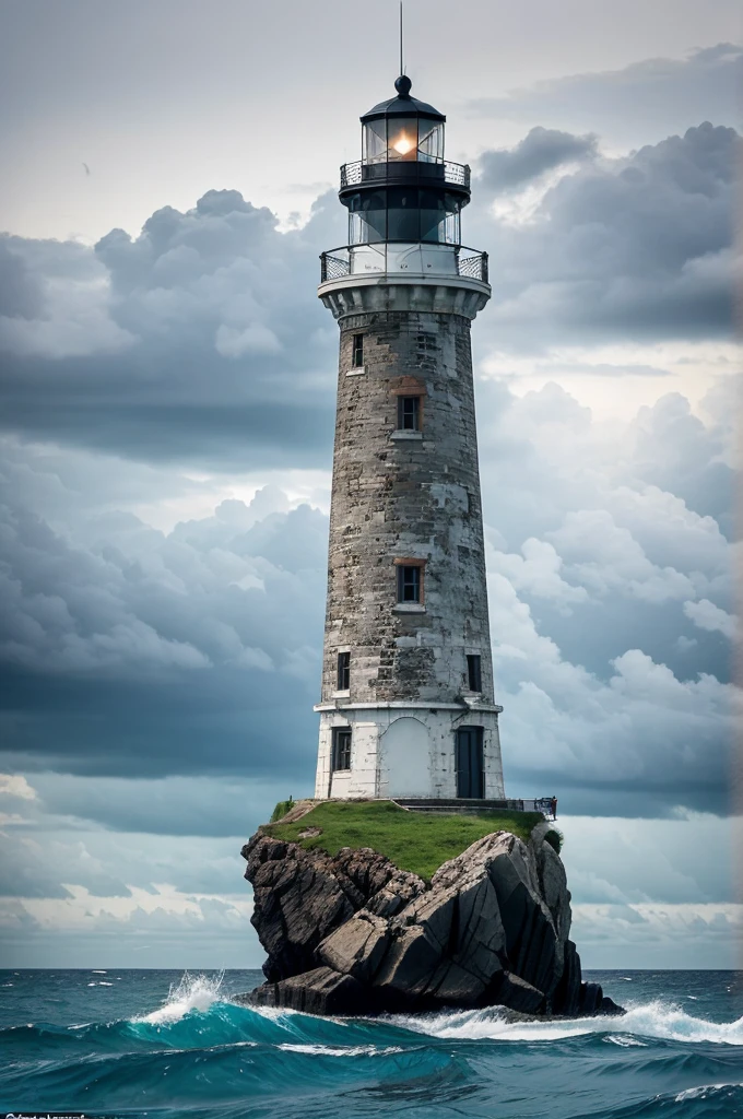 A lighthouse stands prominently on a small, rocky island surrounded by calm, deep blue water. The sky is overcast with grey clouds, suggesting an impending storm. An arrow points to a wave near the base of the lighthouse, encircled in red, drawing attention to something hidden or unusual in the water. Bold text in Bengali at the top asks, Are you okay? The image conveys a sense of mystery and intrigue.