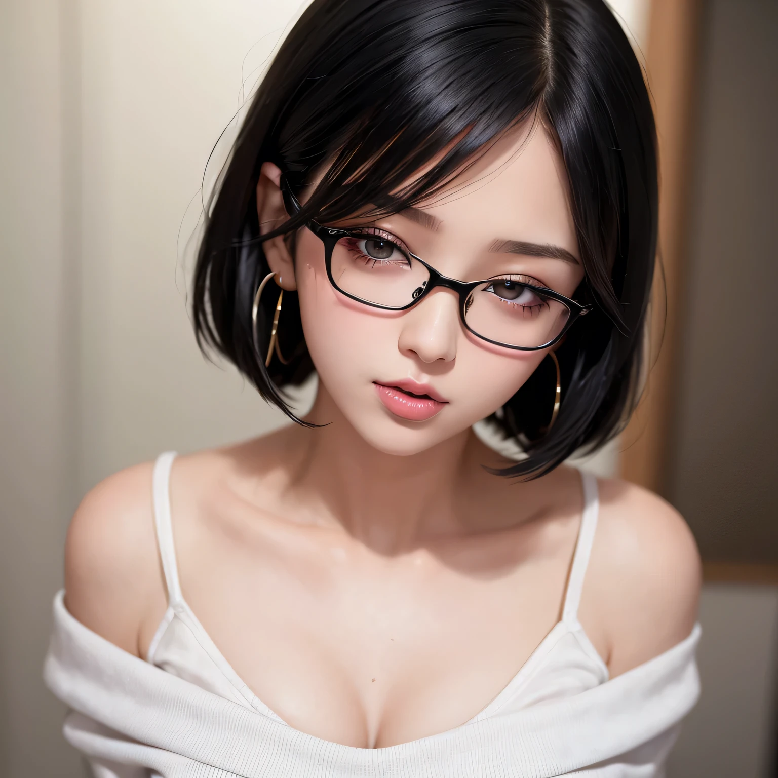 Amazing portrait of a cute and sexy woman with her black hair in a short bob hairstyle, cute but seductive eyes, perfect pink lips parted wearing glasses, long earrings, a loose oversized white t shirt falling off her shoulder emphasizing her bare shoulder and her medium chest seductively