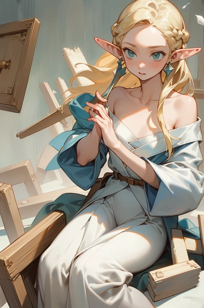 (masterpiece, best quality) detailed, Silver Jewelry , blond ,elegant, Pointed ears ,The clothespin is broken,Off-shoulder,whole body