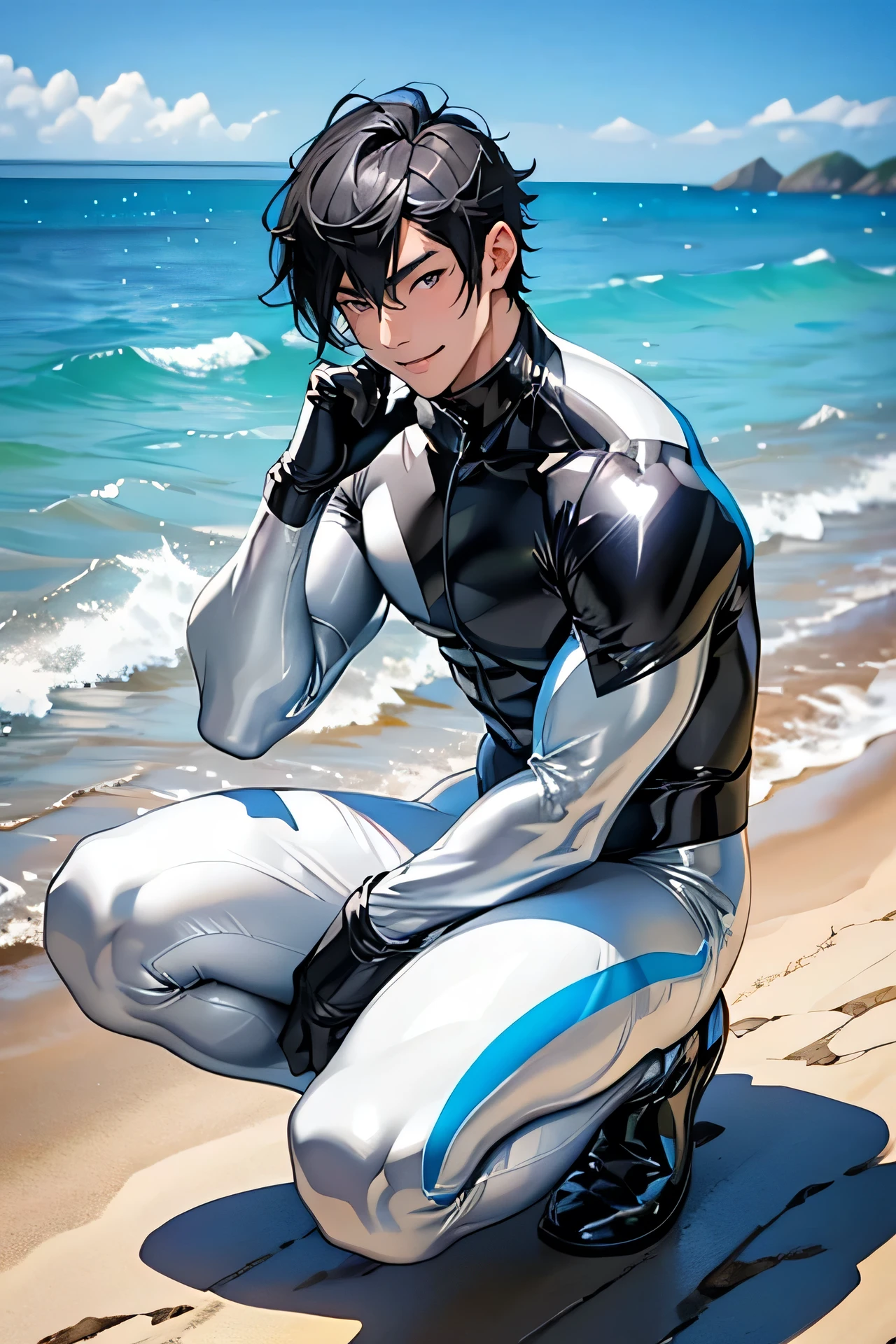 Handsome Japanese male models Black Hair Short cut Slim figure smile looking at the camera soaked Ocean Shiny white and silver suit A shiny silver latex suit that covers the skin Bulge クローズup Bright blue sky up Get down on one knee squat
