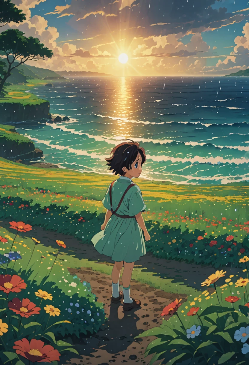 Ghibli summer ocean rain field niño HD 8K