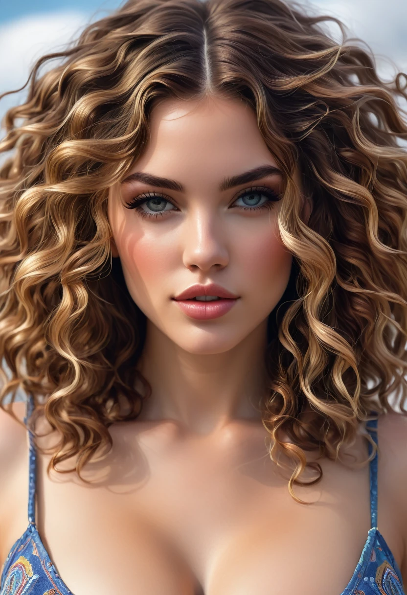 Beautiful boho women with hair that is coarse, wiry, and tightly curled. It often has a rough texture, feels stiff to the touch, and may be prone to frizz and tangling. The curls can be densely packed. The Official Art – An Award-Winning Digital Masterpiece In 4K Ultra HD, Extreme Detail And Intricate Realism. This Concept Art Brought To Life By The Hands Of Artists Like Wlop & Artgerm In A Stunning 2D Vector Illustration. Paige Renee Spiranac. LArge pleasing breasts. Background is a panoramic vista.