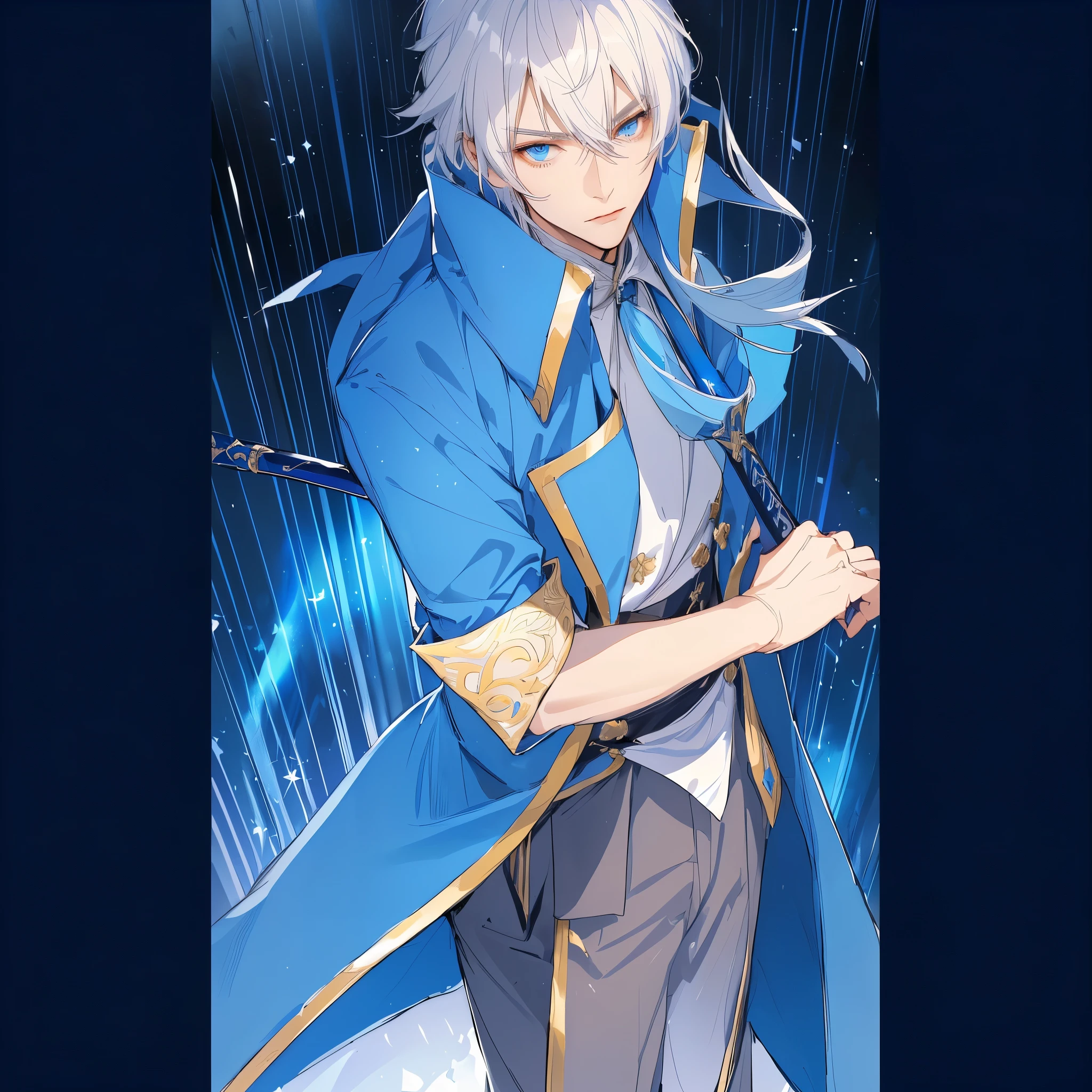 anime character with blue hair and blue coat holding a sword, okita sougo, tall anime guy with blue eyes, Cute androgynous prince, portrait of the magical blond prince, artoria pendragon, anime style like fate/stay overnight, delicate androgynous prince, ((wearing aristocrat robe)), spear, ( ( wearing a long coat ) ), serious face, malefic, villain, villainous face, cara de malefic, White Glove, usando White Glove na mão