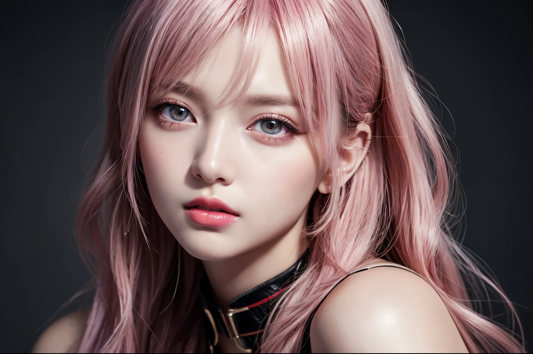 (best quality,8k,High resolution,masterpiece:1.2),Digital artwork, a girl,Detailed face,delicate eyes,pink purple hair,wavy long hair,shiny light pink eyes,red lips,Suspenders,Twenty generations