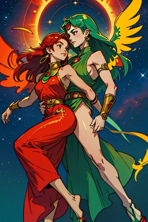 woman celestial cosmic powers to control stars and sun star symbols red color hair and green and red clothes with flip flops, shiny star earring, a green jade stone on the forehead to control stars and sun symbols of star and veil that will come a pair of golden angel wings and another pair of dragon wings