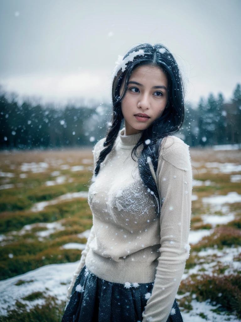 (Full shot:1.2), (Best quality:1.5), (from below :1.3), storm sky, (snowing:1.5), 23y, 1girl, indonesian, (tight breast:1.3), long sleeve shirt and skirt, sneakers, (cute face:1.3), wavy short hair blowing in the wind, dramatic natural posing in meadow with wild plants, film looks, cinematic lighting, beautiful shadow, sunlight, aesthetic, ultra highres, sharp focus, highly detailed, detailed face and eyes, film bokeh, surreal view, shot by eos c with 35mm lens, movie angle, Portrait by annie leibovitz, midjourney v6