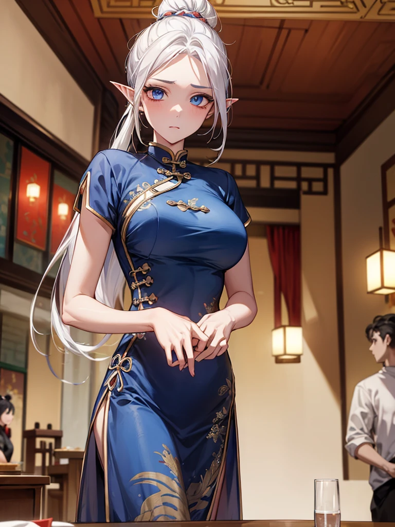Highest quality,Masterpiece,8K,China Long Dress,Big Breasts,Best Style,Droopy eyes, glowing eyes, blue eyes,white Hair,Hair Bun, Hair ponytail, Chinese restaurant,waiter,elf ears, front facing