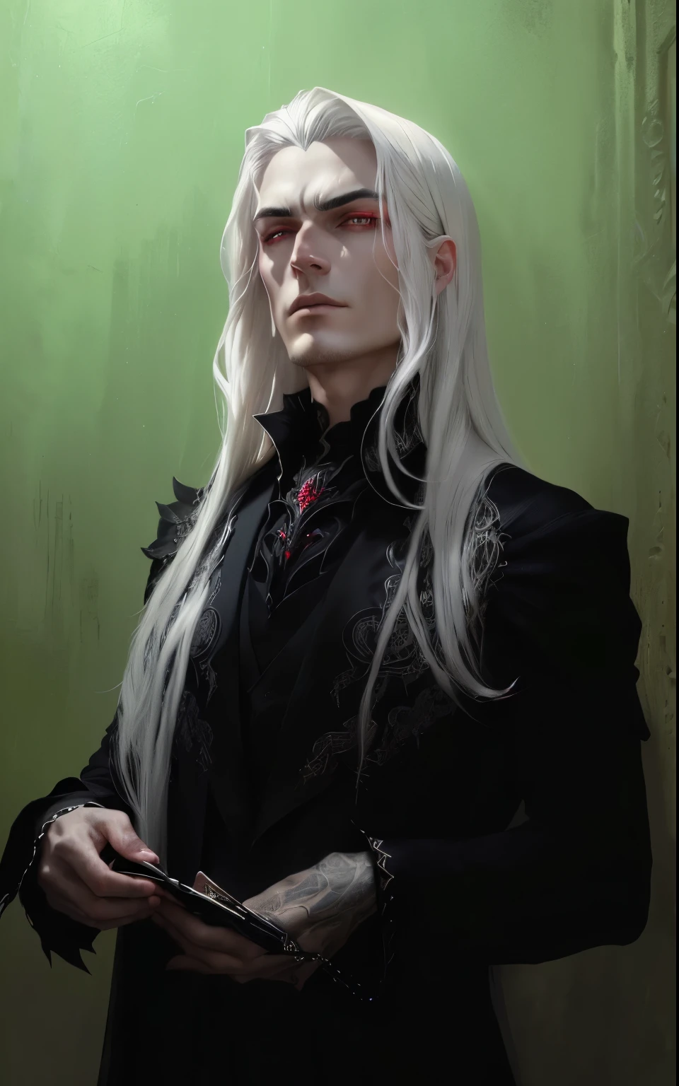 "A dark, biblical-style illustration of a high blood lord with silver hair, clean skin, and piercing red eyes, dressed in elegant black clothes adorned with intricate patterns. He exudes an aura of power and menace, depicted in the dramatic, intricate style of Gustave Doré --ar 1:1"