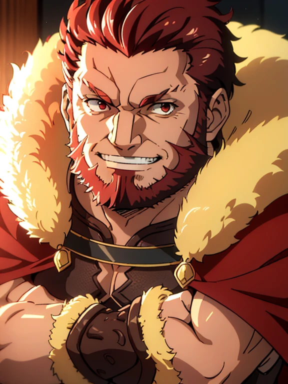 (masterpiece, best quality:1.2), close-up, solo, male focus, 1boy, iskandar, mature male, muscular male, evil smile, looking at viewer,crossed arms, armor, fur-trimmed cape