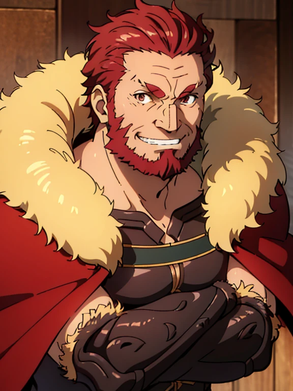 (masterpiece, best quality:1.2), close-up, solo, male focus, 1boy, iskandar, mature male, muscular male, evil smile, looking at viewer,crossed arms, armor, fur-trimmed cape