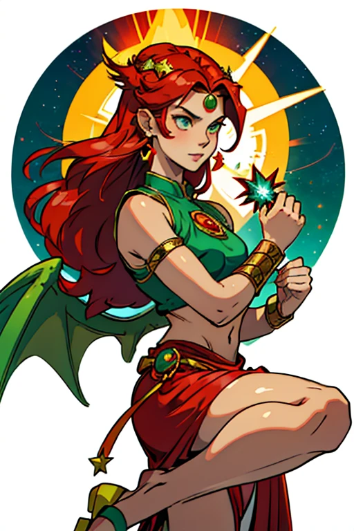 woman celestial cosmic powers to control stars and sun star symbols red color hair and green and red clothes with flip flops, shiny star earring, a green jade stone on the forehead to control stars and sun symbols of star and veil that will come 4 pair of golden angel wings and another pair of dragon wings