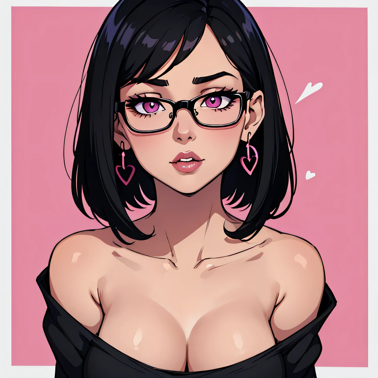 Amazing portrait of a cute and sexy woman with her black hair in a short bob hairstyle, cute but seductive eyes, perfect pink lips parted wearing glasses, long earrings, a loose oversized white t shirt falling off her shoulder emphasizing her bare shoulder and her medium chest seductively