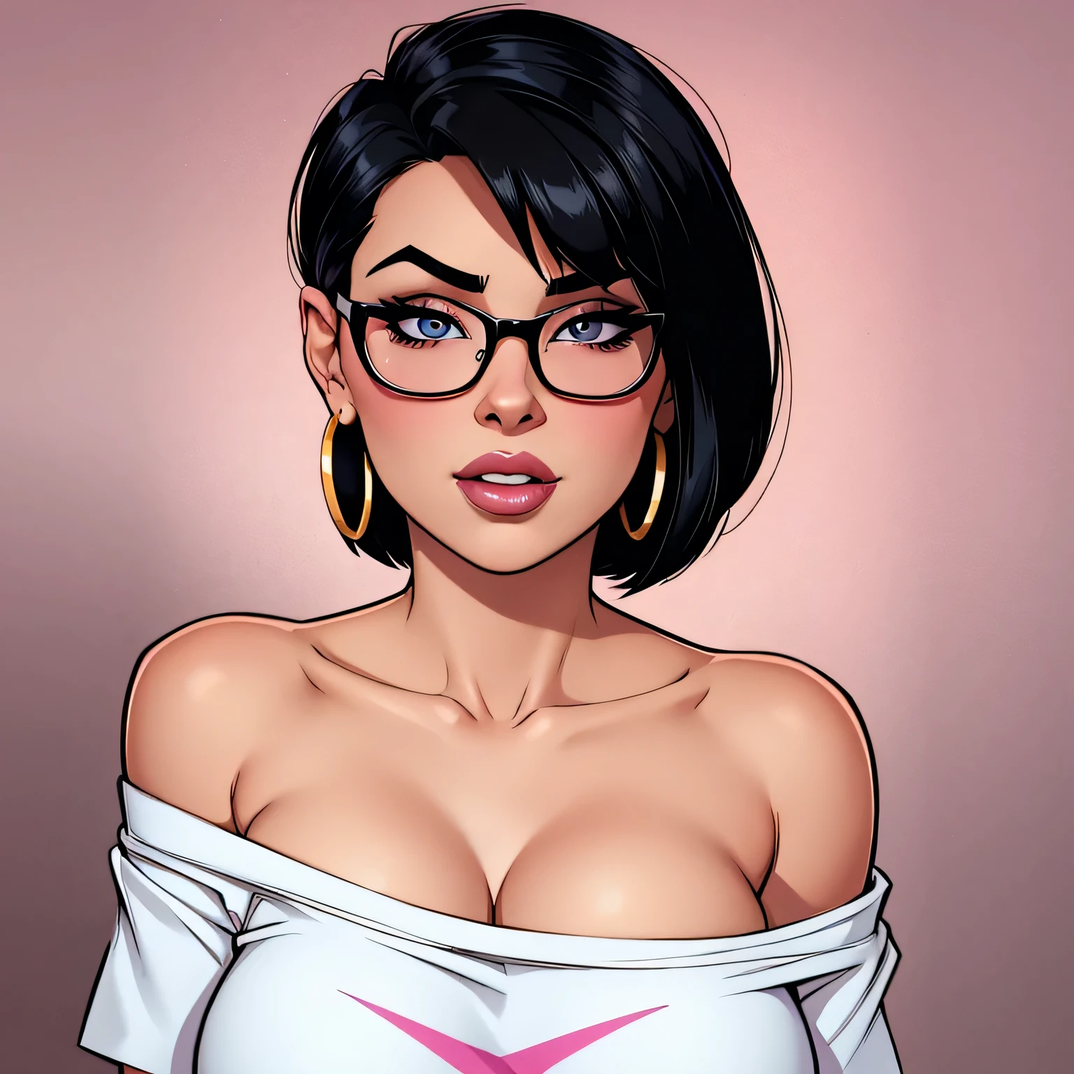 Amazing portrait of a cute and sexy woman with her black hair in a short bob hairstyle, cute but seductive eyes, perfect pink lips parted wearing glasses, long earrings, a loose oversized white t shirt falling off her shoulder emphasizing her bare shoulder and her medium chest seductively