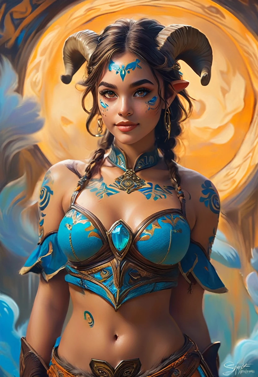 Illustrated, Hand-Drawn, Full-Color Masterpiece With Warm Lighting & Shadows, Incorporating Graphite Shading, Stencil Marks, & Airbrushed Acrylic Paint In Style Of "Breath Of The Wild." A Beautiful Satyr Woman, Furry Appearance. Caramel Skin, Bright Eyes, Luscious Lips, Wide Smile. Perfect Symmetrical Face, Curvy-Hourglass Figure, Large-Bosom Corset. Lower Quarters Of A Goat, With Hooves. Goat Ears, Ram Horns. Background Detailed & Sharp, High-Resolution, Best Quality, And Detailed Art Piece. Her Face, Neck, & Arms Adorned With Intricate Glowing Blue Tattoos, Eliza Dushku, Breath Of The Wild.