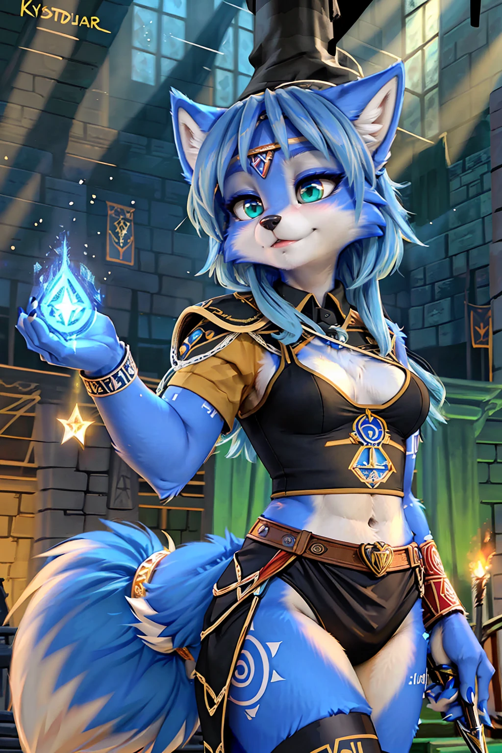 A beautiful and detailed (sweet picture) wa ((krystal)), Star Fox krystal,  green eyes, medium breasts, (((Long blue hair 1.3))),  anthro, furry, (wa Fluff-Kevlar, Bayard Wu, personalize me, Pino Daeni),  detailed fluffy fur, detailed face, (fluffy), 1 girl, alone, hair cover one eye:1.4, wears tribal clothing with leather armor, wears tribal top with leather armor, (((steht in der großen halle wa hogwarts:1.4))), she wears a fanciful magician&#39;s robe, (is in a magic duel against a dark magician)