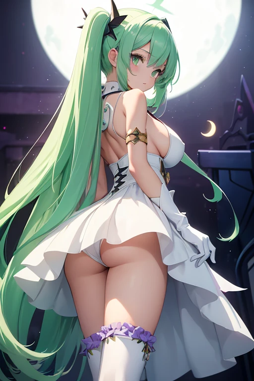 (girl1), (anime), white, with long green hair, jade green eyes, an 8 year old woman, with white stockings and a sexy dress, wearing a heroine costume consisting of a white sleeveless swimsuit with purple details and a yellow crescent moon on his chest. She also wears purple high boots, white gloves with spikes and metal plates on her waist and feet, look at her (breast size, they are size AAAA+:1.5),(Small body height of a ta:1.2),(Body height of an 8-year-old child:1.2),(Turned on her back with her ass hypinated to the fourth wall),(Huge breasts:1.5),(Big ass:1.0)