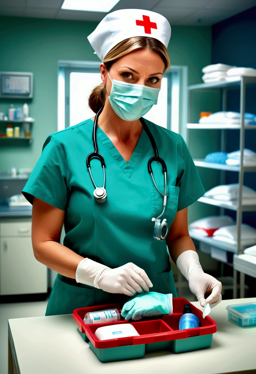 (nurse), stand in the ward with a warm smile and eyes full of care and encouragement. She seems to be a warm light for the patient. The background is the warm ward, full body, award-winning, cinematic still, emotional, vignette, dynamic, vivid, (masterpiece, best quality, photorealistic, Professional, perfect composition, very aesthetic, absurdres, ultra-detailed, intricate details:1.3)