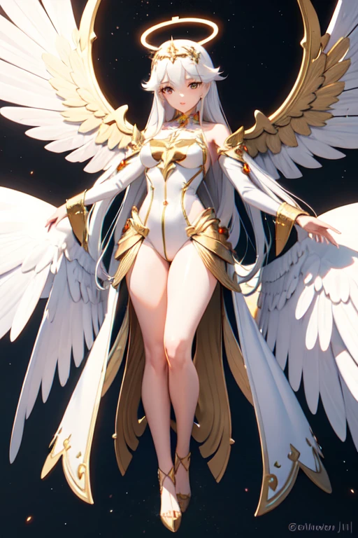 3D female character with long hair, white hair, pink skin color with black eyes, on the head there is a floating golden halo and above the shoulders there are golden ornaments floating, with thick, shapely legs, on his back he has white angelic wings, white clothes.