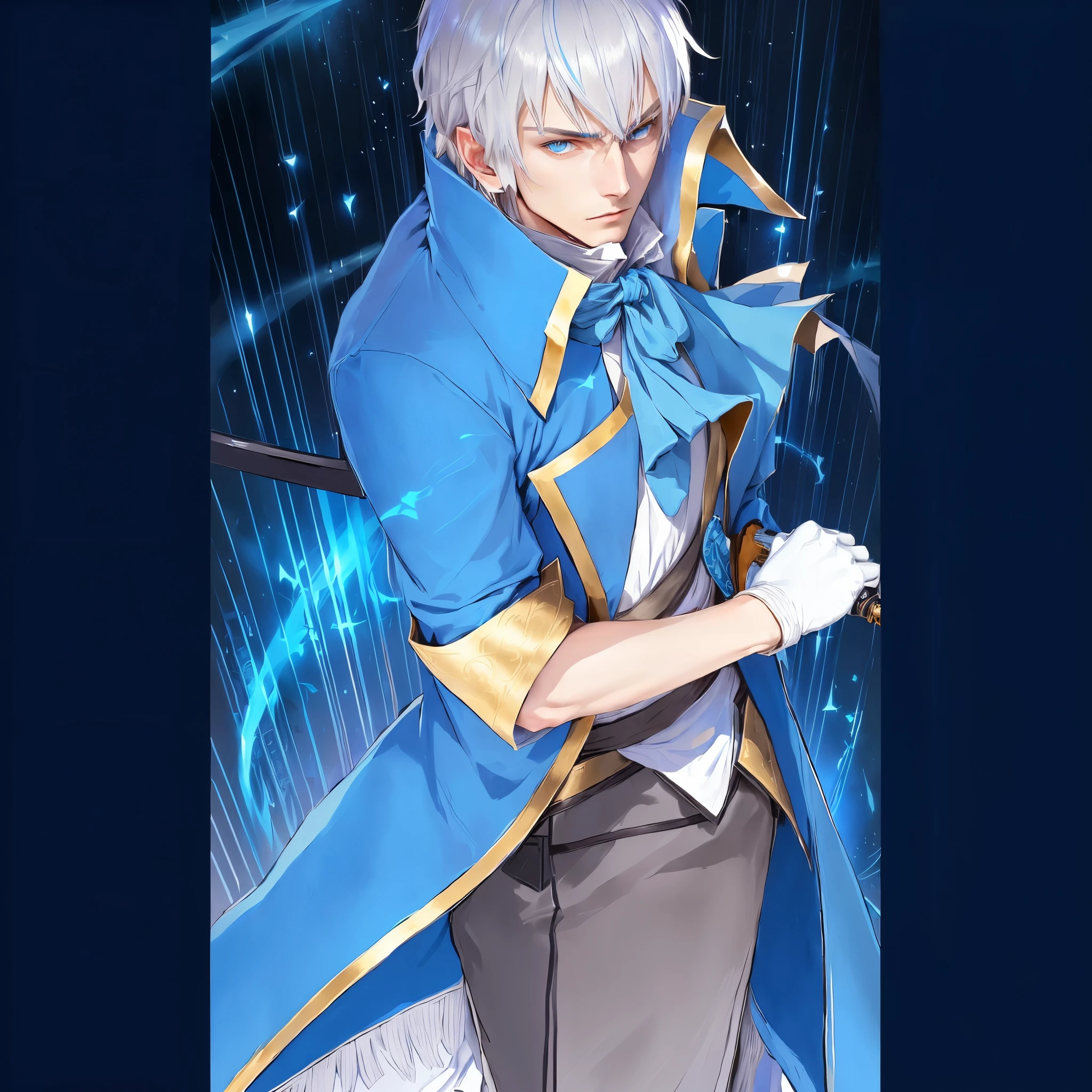 anime character with blue hair and blue coat holding a sword, okita sougo, tall anime guy with blue eyes, Cute androgynous prince, portrait of the magical blond prince, artoria pendragon, anime style like fate/stay overnight, delicate androgynous prince, ((wearing aristocrat robe)), spear, ( ( wearing a long coat ) ), serious face, malefic, villain, villainous face, cara de malefic, White Glove, usando White Glove na mão