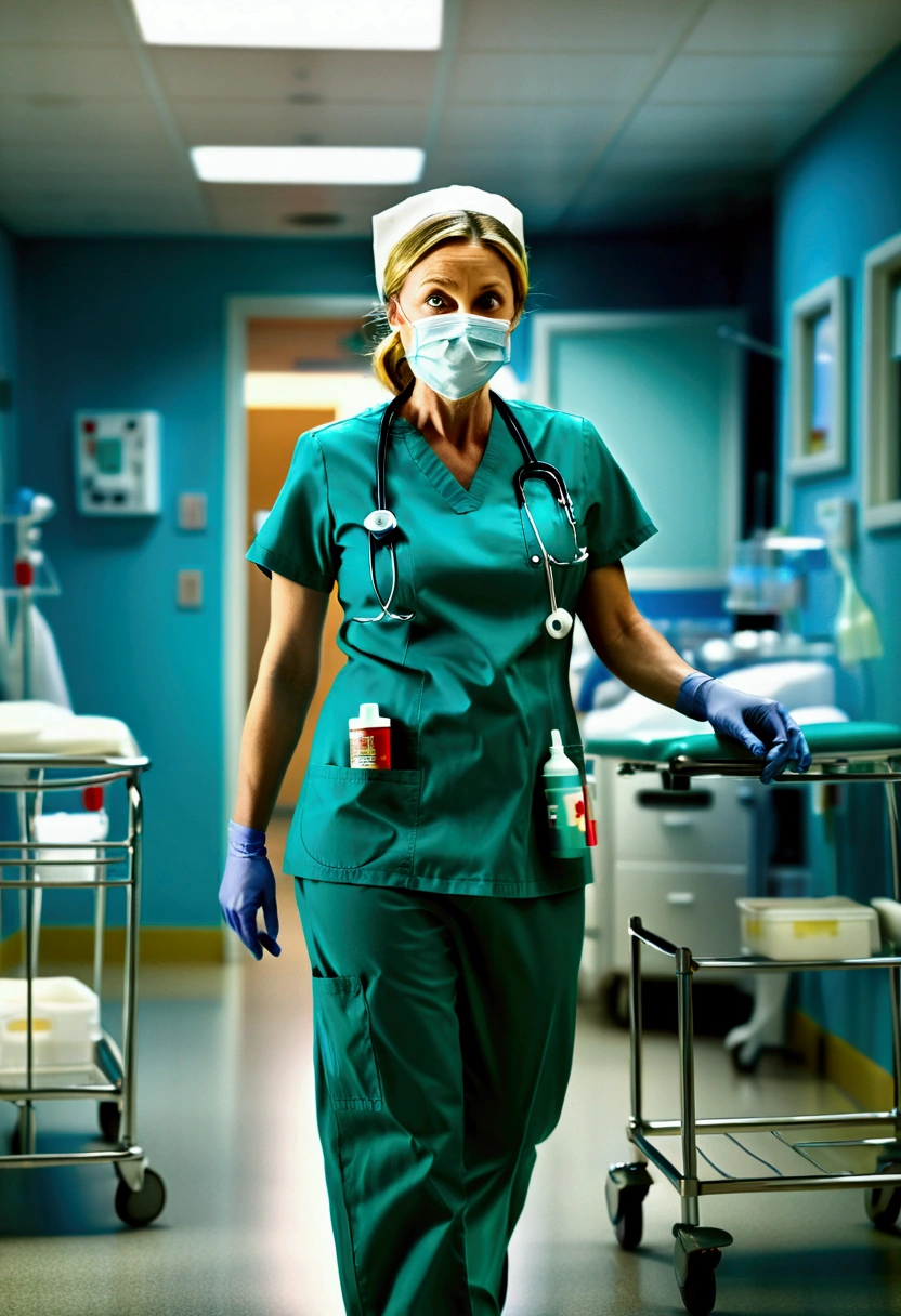 (nurse), stand in the ward with a warm smile and eyes full of care and encouragement. She seems to be a warm light for the patient. The background is the warm ward, full body, award-winning, cinematic still, emotional, vignette, dynamic, vivid, (masterpiece, best quality, photorealistic, Professional, perfect composition, very aesthetic, absurdres, ultra-detailed, intricate details:1.3)