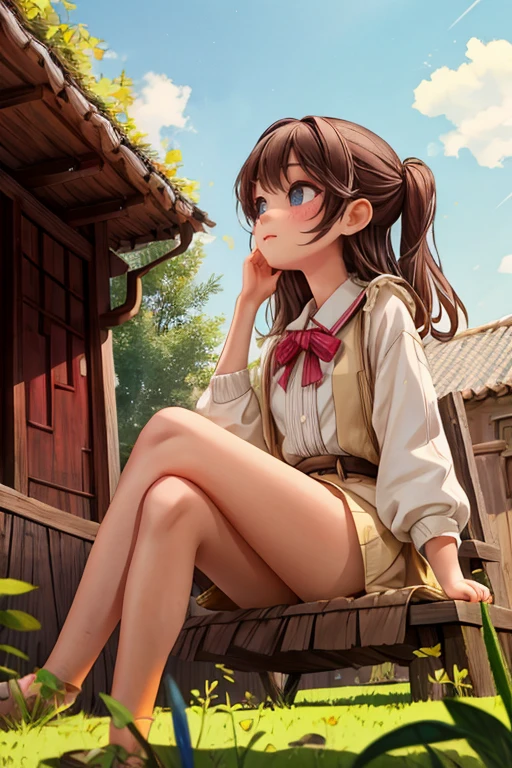masterpiece,best quality,1girl,outdoor,sitting,countryside, village,from below,face,