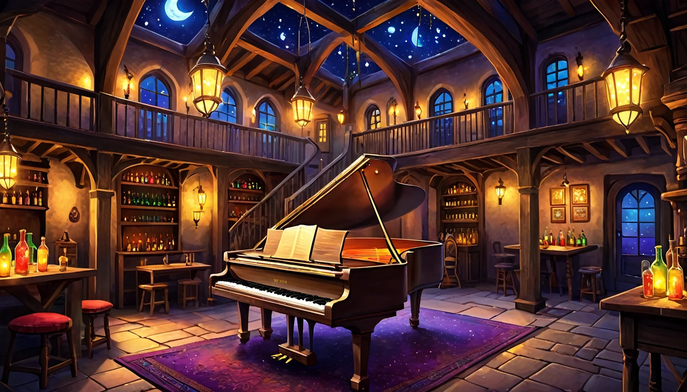 A fantasy digital illustration of a magical tavern at night that has been in operation for centuries. The tavern is filled with antique furniture, and the shelves are lined with colorful bottles in blue, red, green, yellow, orange, and purple. Through the windows, a starry sky and the lights of a town can be seen. Inside the tavern, lanterns cast a soft light that illuminates a crystal grand piano in the center of the room, creating an enchanting and mystical atmosphere.