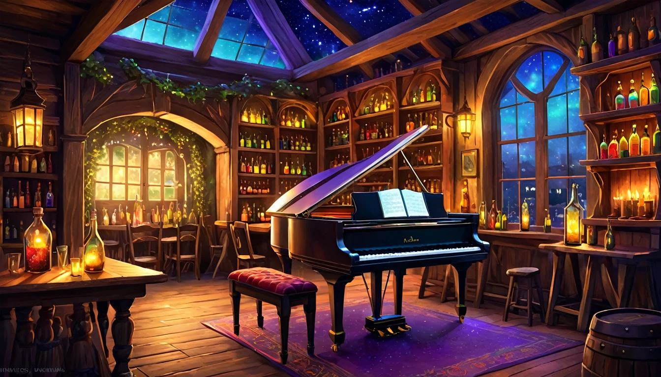 A fantasy digital illustration of a magical tavern at night that has been in operation for centuries. The tavern is filled with antique furniture, and the shelves are lined with colorful bottles in blue, red, green, yellow, orange, and purple. Through the windows, a starry sky and the lights of a town can be seen. Inside the tavern, lanterns cast a soft light that illuminates a crystal grand piano in the center of the room, creating an enchanting and mystical atmosphere.