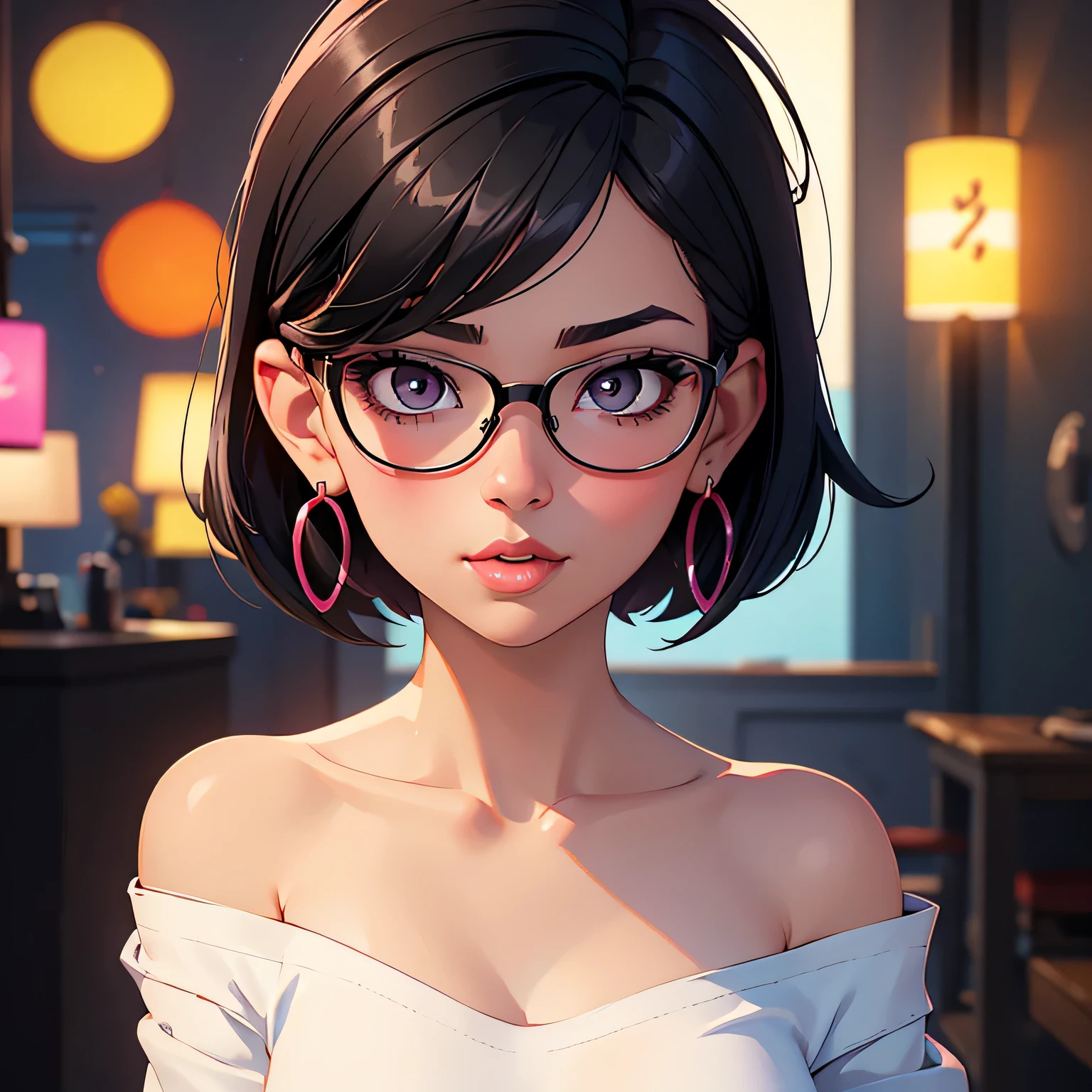 Amazing portrait of a cute and sexy woman with her black hair in a short bob hairstyle, cute but seductive eyes, perfect pink lips parted wearing glasses, long earrings, a loose oversized white t shirt falling off her shoulder emphasizing her bare shoulder and her medium chest seductively