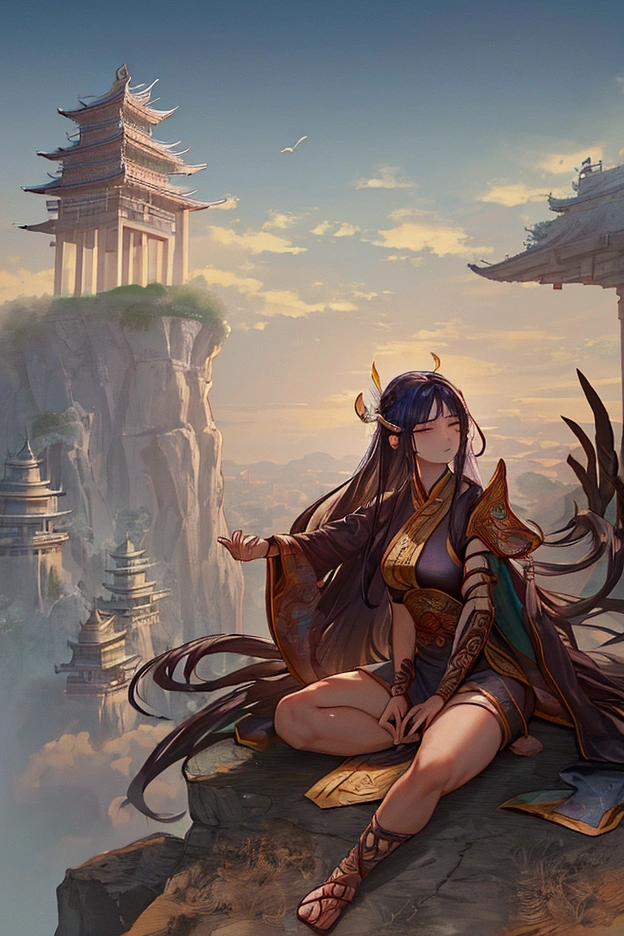 A warrior in wuxia clothing, long tied hair meditating on a cliff overlooking a vast and ancient city in the clouds, towering pagodas, birds passing in the sky, serene atmosphere, subtle lighting, concept art, fantasy, intricate details