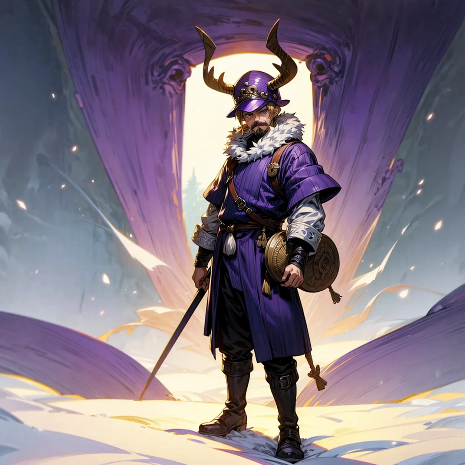 Grassroot, Full body version, solo, boy, muscle, Moustache, purple eyes, blonde hair, short hairstyle, Vikings style clothing, boots, Vikings helmets, full background in field snow, (one piece style art), standing gesture, angry eyes