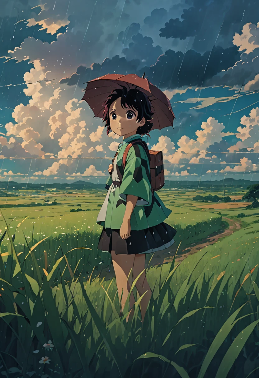 Study  Ghibli　summer　rain　grass field clouds　niño HD 8K
