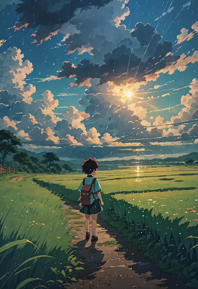 Study  Ghibli　summer　rain　grass field clouds　niño HD 8K

